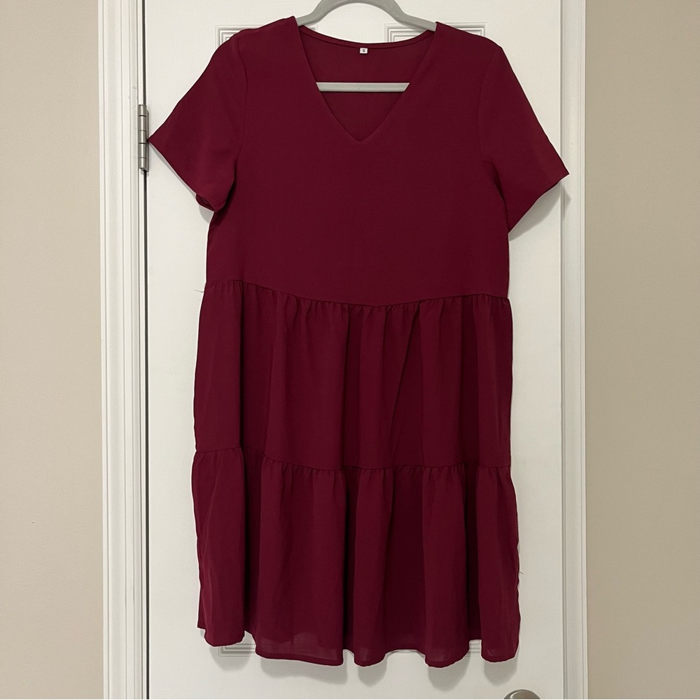 Amoretu Women’s V-neck Burgundy Dress